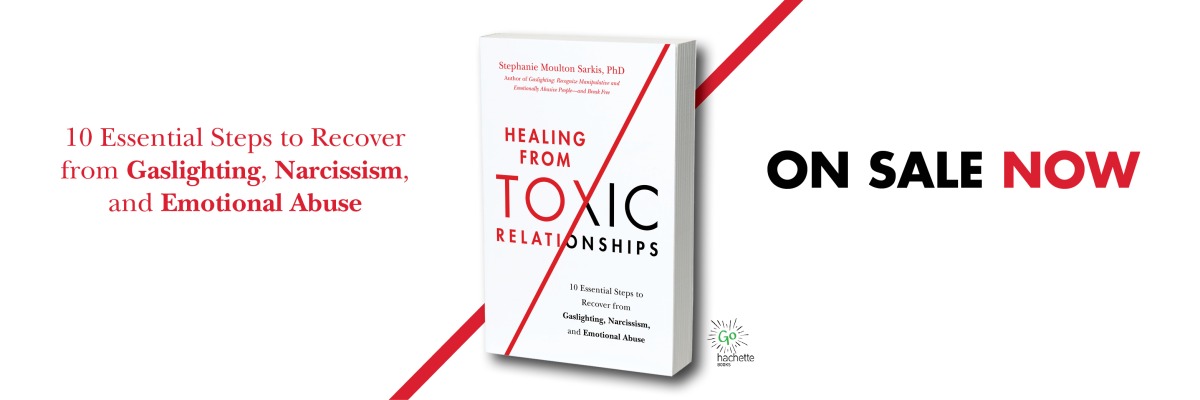Image of book cover for Healing from Toxic Relationships by Stephanie Sarkis on the right. "On Sale" written in black. "Now" written in red. Header image for Large screen